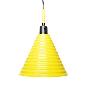 May include: A bright yellow pendant light with a ribbed, cone-shaped shade. The light fixture has a black top and a yellow stem, suspended from a black cord. The shade is approximately 10 inches in diameter.