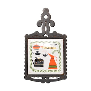 Vintage Cast Iron Trivet with 'Cute Kitchen' Decor / Ceramic Tile Hot Plate / H.S Japan 1970's