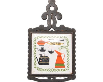 Vintage Cast Iron Trivet with &#39;Cute Kitchen&#39; Decor / Ceramic Tile Hot Plate / H.S Japan 1970&#39;s