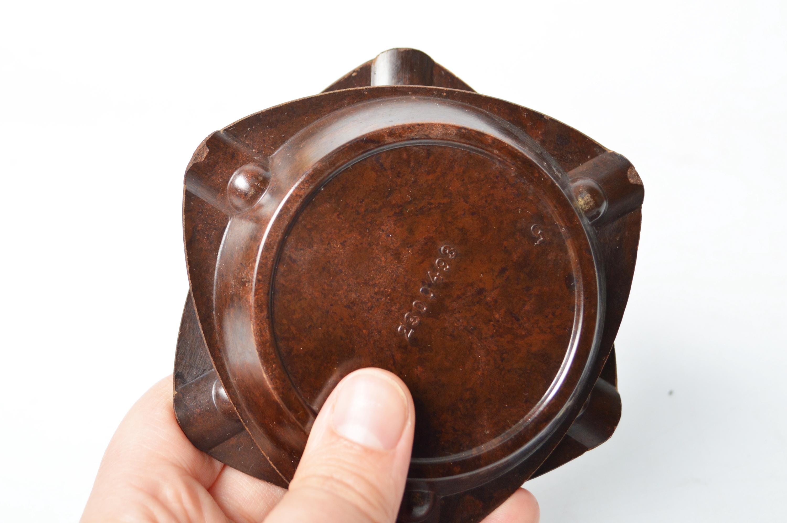 French Art Deco Brown Bakelite Stackable Ashtrays / With Matchbox