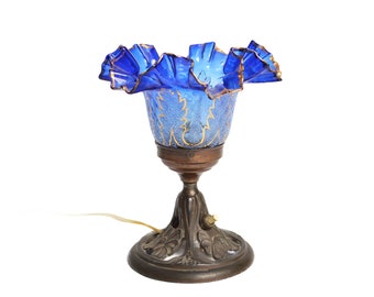 Italian Art Nouveau Blue &#39;Tulip Lamp&#39; / Gilded & Frosted Lampshade / Rare and Unique / Marked Napoli
