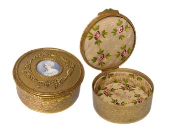 French Antique Jewelry Box / Miniature Painting / Gilded & Original Lined Fabric / 1900s