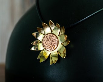 Sunflower Pendant Necklace, Floral Jewelry, Nature Inspired, Mixed Metals, Handmade,  Nickel Free