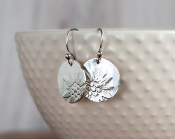 Edelweiss Flower Earrings, Etched Sterling, Floral Pattern, Shiny Finish, Nature Inspired, Alpine Jewelry, Handcrafted, Nickel Free