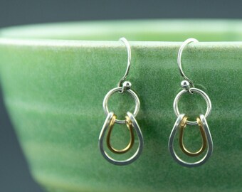 Horse Shoe Earrings, Sterling Silver and Brass, Small earrings, Mixed Metal Jewelry, Handmade in USA, Nickel Free