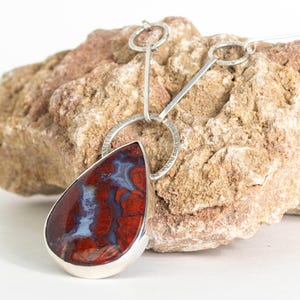 Red Poppy Jasper Pendant Necklace, Red and Light Blue, 925 Sterling, Unique Women's Jewelry Gift, Handmade Chain, Teardrop Shape