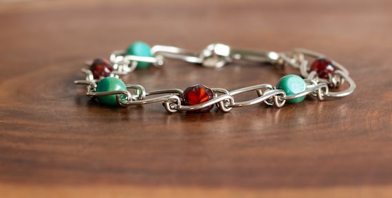 アクセサリー Horse shoe handmade beads bracelet Silver Horse Shoe Bracelet, Red and Turquoise Czech Glass