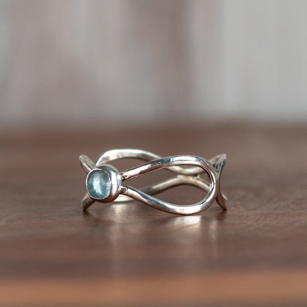 Sterling Silver Infinity Ring, Aquamarine Cabochon, March Birthstone, Good Luck Symbol, Handmade, Great Gift for Her, Number Eight