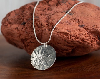 Edelweiss Pendant Necklace, Etched Sterling Silver, Alpine Jewelry, Inspired by Nature, 925 Snake Chain, Handmade and Nickel Free