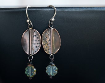 Copper Leaf Earrings, Flower Bead Dangle, Rustic Boho Style,  Nature Inspired, Botanical, Handmade in USA, Nickel Free