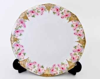 Serving Side Dish Plate, Pink Roses, Green Foliage, Royal Bayreuth, Porcelain, Gold Trim, Vintage Bavaria
