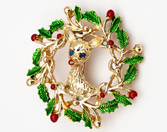 Wreath Brooch Pin, Reindeer with Red Nose, Christmas Jewelry, GERRY Vintage