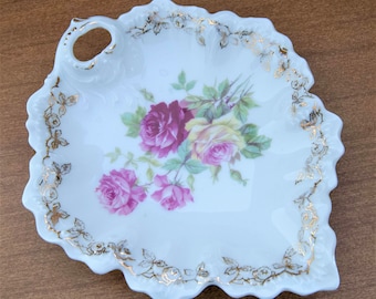 Candy Nuts Trinket Dish with Pink Roses, Gold Trim, Leaf Shaped, Bone China, Weimer Vintage, Germany, 1930s