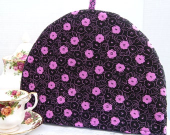 Teapot Cozy Cover in Purple and Black Floral, Purple Flowers, Black Background, Coordinating Lining, Handmade