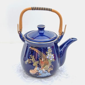 Pheasant Sake Teapot with Lid, Porcelain, Deep Cobalt Blue, Gold Trim, Rattan / Reed Handle, Vintage