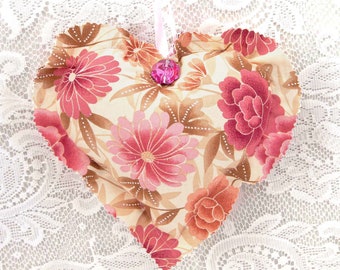Floral Fabric Heart: Pink Crystal Buttons, Ribbon Loop