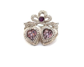 Double Heart Pin, Vintage Ribbon Bow Double Heart Pin with Amethyst Centers, Silvertone, from the early 1990s