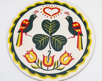 Hex Sign Three Leaf Clover, Pennsylvania Dutch with Goldfinches, Tulips, Heart, Vintage