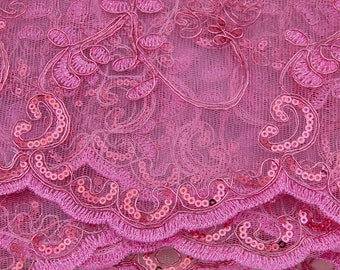 Pink Fuchsia Lace Fabric with Sequins, Scalloped Edges, 1 1/2 Yard long, 36” Wide