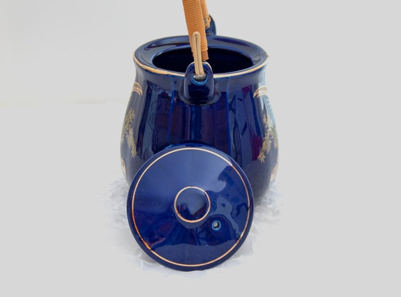 Pheasant Sake Teapot with Lid, Porcelain, Deep Cobalt Blue, Gold Trim, Rattan / Reed Handle, Vintage image 7