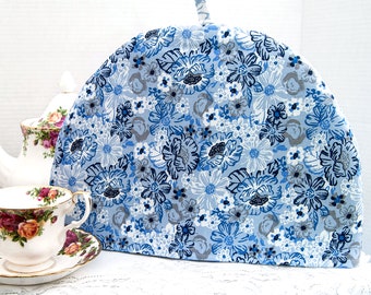 Teapot Cozy Cover, Blue and White Floral, Coordinating Lining, Handmade