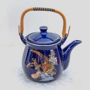 Pheasant Sake Teapot with Lid, Porcelain, Deep Cobalt Blue, Gold Trim, Rattan / Reed Handle, Vintage image 1