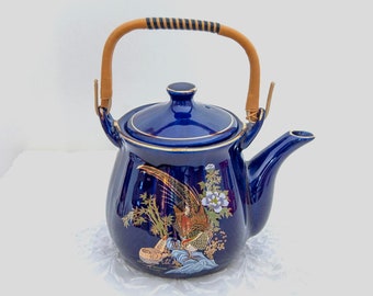 Pheasant Sake Teapot with Lid, Porcelain, Deep Cobalt Blue, Gold Trim, Rattan / Reed Handle, Vintage