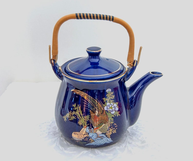 Pheasant Sake Teapot with Lid, Porcelain, Deep Cobalt Blue, Gold Trim, Rattan / Reed Handle, Vintage image 1