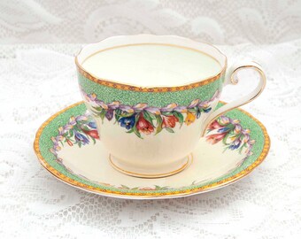 Teacup and Saucer Set, Aynsley Floral in Bone China, Made in England, Vintage 1930s