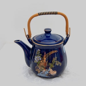 Pheasant Sake Teapot with Lid, Porcelain, Deep Cobalt Blue, Gold Trim, Rattan / Reed Handle, Vintage image 2