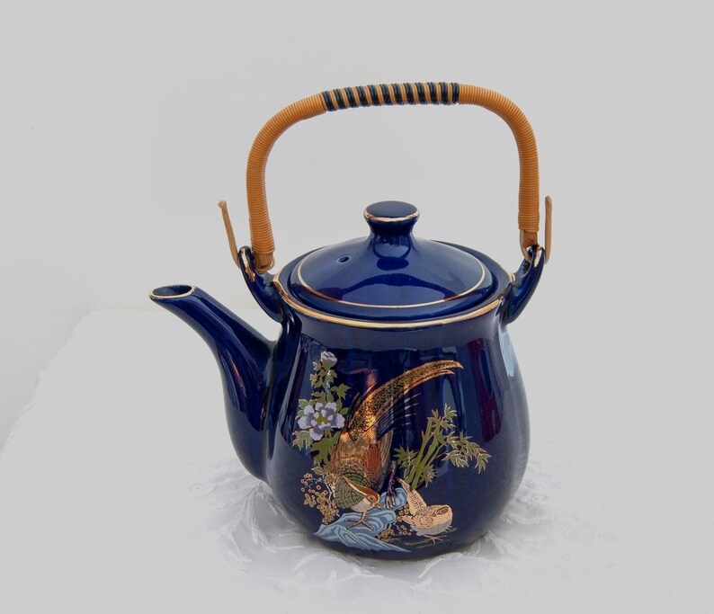 Pheasant Sake Teapot with Lid, Porcelain, Deep Cobalt Blue, Gold Trim, Rattan / Reed Handle, Vintage image 2