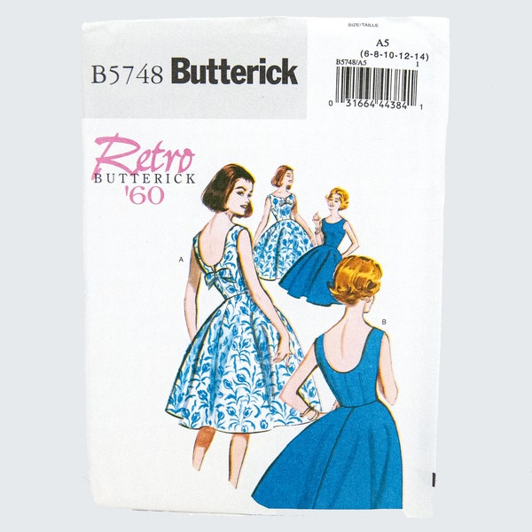 Retro 1960 Lined Dress Sewing Pattern in Misses, Misses Petites Sizes 6, 8, 10, 12, 14, Butterick B5748, Easy, Uncut, Factory Folded