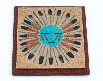 Sun & Eagle Vintage Navajo Textured Sand Painting Tile Signed by Ethel Braum, 3.75” x 3.75” x.5”, 1980s