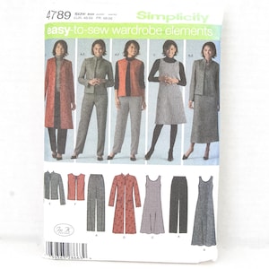 May include: Simplicity sewing pattern for easy-to-sew wardrobe elements. The pattern features various outfit options, including a coat, suit, vest, dress, and skirt. The pattern size is BB, EUR 46-54, and FR 48-56.