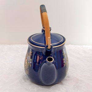 Pheasant Sake Teapot with Lid, Porcelain, Deep Cobalt Blue, Gold Trim, Rattan / Reed Handle, Vintage image 4
