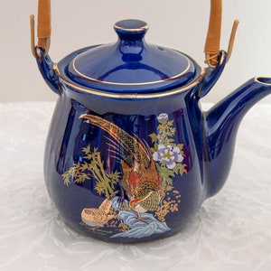 Pheasant Sake Teapot with Lid, Porcelain, Deep Cobalt Blue, Gold Trim, Rattan / Reed Handle, Vintage image 3