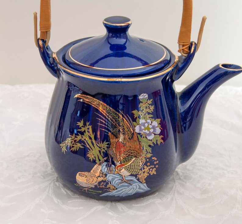 Pheasant Sake Teapot with Lid, Porcelain, Deep Cobalt Blue, Gold Trim, Rattan / Reed Handle, Vintage image 3