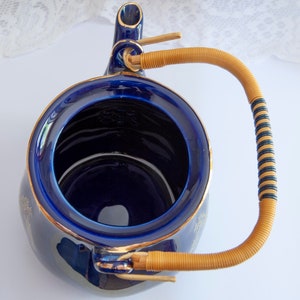 Pheasant Sake Teapot with Lid, Porcelain, Deep Cobalt Blue, Gold Trim, Rattan / Reed Handle, Vintage image 6