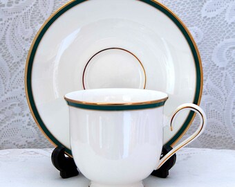 Teacup and Saucer, Margaret by Lenox, Teal Green & Gold Trim, Debut Collection, Vintage Bone China, Made in USA