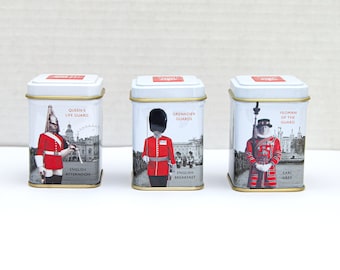 Tea Tins (empty) Three London Tea Tins,  Queen’s Royal Guards, Big Ben, Westminster Abbey, Double Decker Red Bus