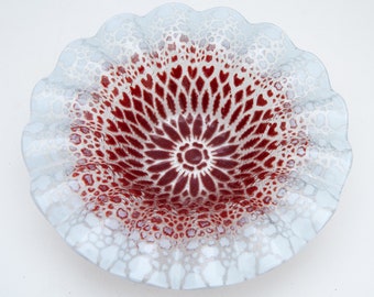 Ruffled Bowl by Sydenstricker, Fused Art Glass, Cranberry Red with White Ruffled Edge, 7” Round 1 1/2" High