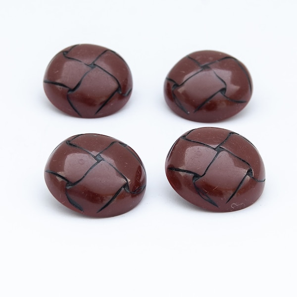 Burgundy Brown Buttons, Imitation Leather Weaved, Set of 4, 1”x 1/4”, Vintage