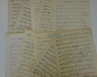 vintage music paper HANDWRITTEN MANUSCRIPT , 20 random sheets for art / craft project