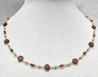 Pink Flower Choker Necklace – Handmade Czech Glass Beaded Spring Jewelry