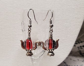 Tea Pot Jewelry, Tea Party Jewelry, Tea Pot Earrings, Whimsical Earrings, Red & Black Earrings, Red And Silver Earrings, Novelty Earrings,