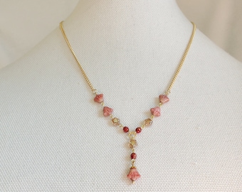 Pink Flower Beaded Necklace with Gold Chain, Spring Flower Necklace, Pink Lily Drop Necklace, Czech Beaded Necklace, Spring Color, Mom Gifts