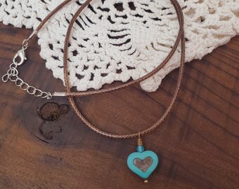 Heart Choker Necklace, Green Heart Necklace, Czech Bead Heart, Heart Gift 4 Her, Turquoise Heart Pendant, Brown Cord Necklace, Cute Choker