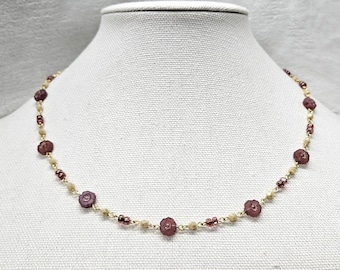 Spring Flower Necklace, Pink Flower Necklace, Hawaiian Pink Flower Necklace, Flower Choker Necklace, Czech Beaded Necklace, Pink Flower Bead