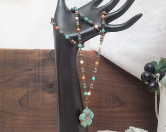 Hibiscus Flower Jewelry, Aqua Flower Necklace, Boho Flower Pendants, Czech Glass Flowers, Beaded Flower Necklace, Czech Chain Jewelry