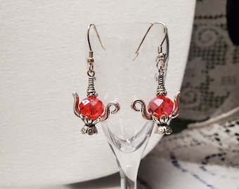 Tea Party Jewelry, Tea Pot Earrings, Whimsical Earrings, Red Crystal Earrings, Red And Silver Earrings, Novelty Earrings, Tea Pot Jewelry